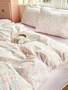 2/3pcs Romantic Floral Print, Pink & Purple Rose Pattern, Pleated Texture, Super Soft, Sweet & Cute, Back To School Season, Washed Duvet Cover & Pillowcase Set, Spring/Summer Style, Available For Double, Queen, King Size Beds - Multicolor - View 5
