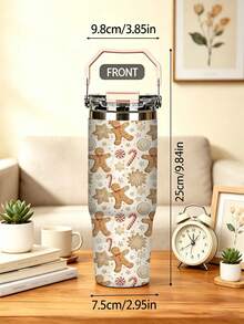 1pc/5pcs 30oz Stainless Steel Cup With Handle And Straw, Cute Christmas Gingerbread Man Candy Cane Snowflake Print, Leak-Proof Flip Lid, Suitable For Travel, Work, Fitness And Daily Outdoor Use - Beige-gingerbread Man - View 4