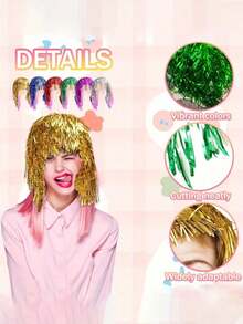 6/1pc Metallic Glitter Wig, Shiny Plastic Party Wig, Suitable For Cosplay And Birthday Party, No Feathers, No Electricity Required, Multiple Colors In Stock - Multiple Styles - View 3