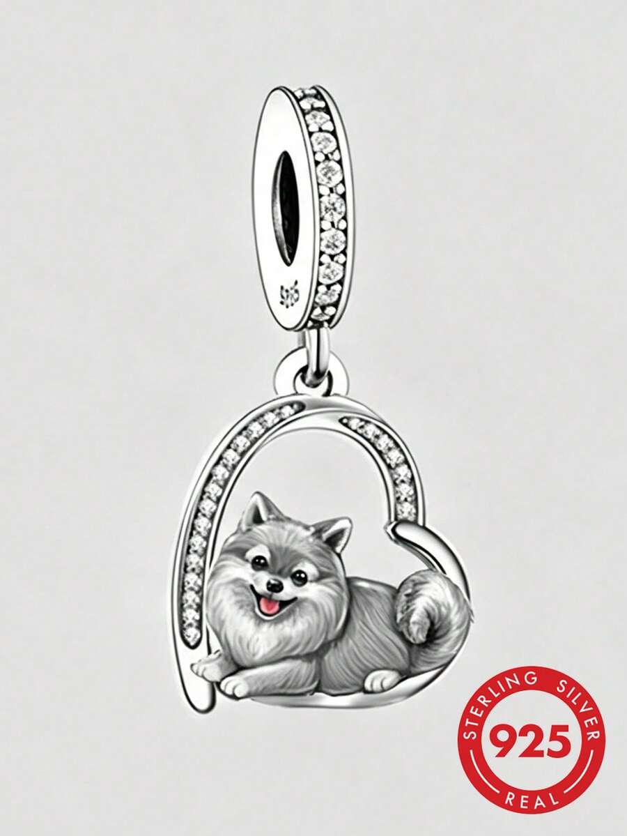 925 Sterling Silver Cute Pomeranian Dog Pendant, Inlaid With Zirconia, Exquisite Design, Suitable For Daily Wear. It Is A Birthday Gift For Friends And Family Who Love Dogs. - Silver - View 1
