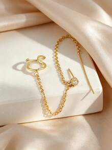1pc Inlaid Cubic Zirconia Chain Delicate Earrings, Suitable For Women's Daily Wear, Dating, And Party - Yellow Gold - View 4
