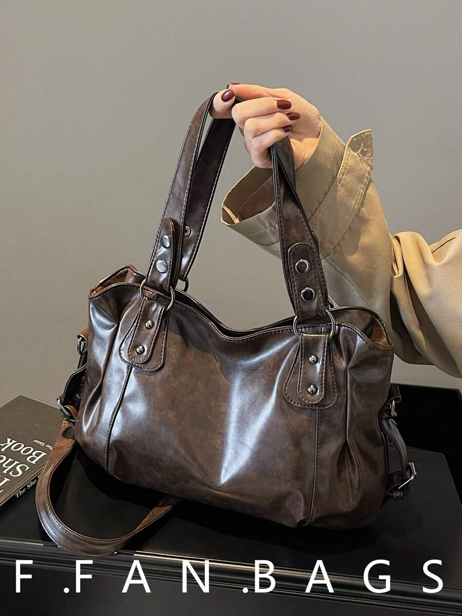 1件復古大容量手提包,復古PU材質單肩斜挎包,女款休閒托特包與錢包,女款新款托特包,適合辦公室、學校、學生、返校、工作場合、商務活動、通勤、戶外活動、旅行與出遊,折疊出貨 - 咖啡棕 - 查看 1
