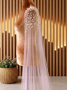 1 Pair Pink Soft Tulle Long Train Shoulder Shawl With Pin, Arm And Shoulder Coverage, Pearl Beaded Wedding Accessory Floating Veil - Multicolor - View 6