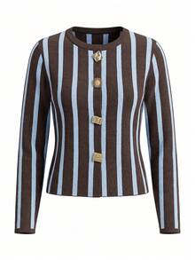 Fashionable Women's Long Sleeve Striped Cardigan, Decorated With Unique Gold Buttons, Comfortable And Fitted, Suitable For Daily Autumn Wear. - Multicolor - View 8