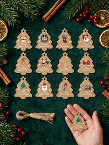 96pcs Vintage Christmas Tree Shaped Slogan Pattern Gift Tags With Rope, Santa Claus And Snowman Pattern Paper Gift Decoration Labels, Suitable For Christmas Party Gifts, Christmas - Christmas Tree Shape - View 2