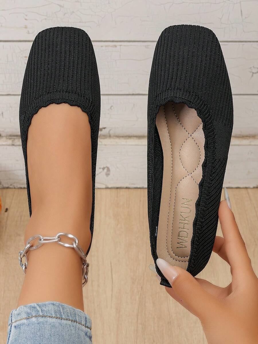Black Minimalist Square Toe Knit Mesh Low Vamp Flat Slip-On Shoes For Women, Autumn New Classic Casual Exposed Instep Soft Woven Solid Color Commute Mesh Shoes