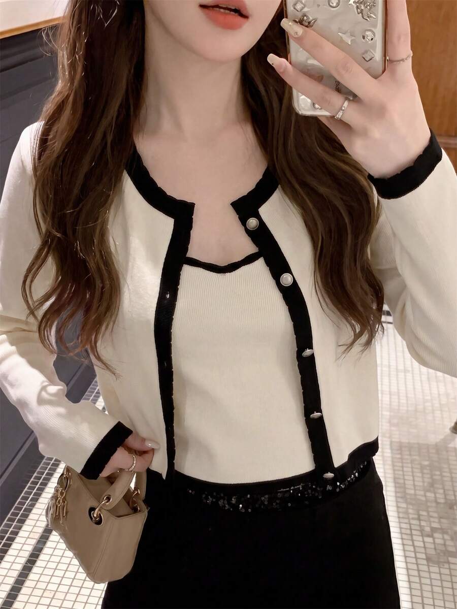Autumn/Winter New Korean Style Sweet Casual Knit Sweater Set For Women, Preppy Contrast Color Long Sleeve Cardigan + Camisole 2-Piece Set, Versatile For Daily Commute - Apricot - View 1