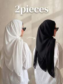 2pcs Solid Color Chiffon Square Scarf Casual Scarf Suitable For Daily Use 110*110cm - Black 1 White 1 - View 3