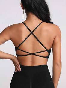 Sujetador deportivo de mujer de color liso sin costuras con espalda cruzada, sujetador de yoga cómodo y transpirable con almohadillas extraíbles - Negro - Ver 4
