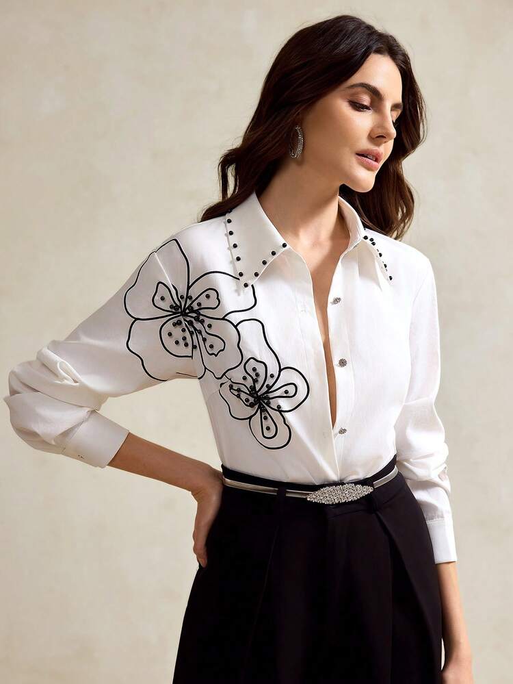 ALIAO Fall Winter Loose Elegant French-Style Long-Sleeve Shirt With Sparkling Decorations, Ideal For Beach Vacations White - White - View 1