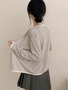 Jaket Kardigan Rajut Bergaris Wanita, Desain Baru Gaya Niche, Sweater Lengan Panjang Leher Bulat Tipis, Patchwork Acak Musim Gugur - Aprikot - View 2