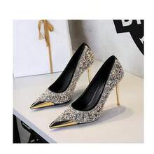 Black Glitter Rhinestone Pointed Toe High Heels for Women, Metal Tip Stiletto Pumps, Slip‑on Sparkly Dress Shoes for Wedding Prom Evening Party - Negro - Ver 2