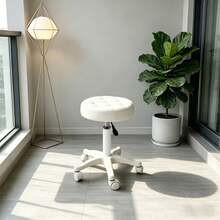 Height Adjustable PU Leather Round Rolling Stool With Wheels, Swivel Salon Spa Home Office Stool, White - White - View 7