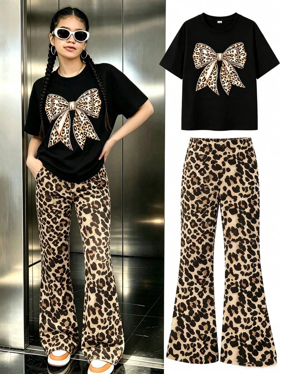 Casual Set, Includes Apricot Round Neck T-Shirt And Leopard Print Flare Pants, Decorated With Creative Leopard Print Bow Pattern - Black - View 1