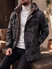 Men's Winter Hooded Mid-Length Camouflage Casual Leather Padded Coat, Suitable For Daily Commute And Travel - Grey - View 1