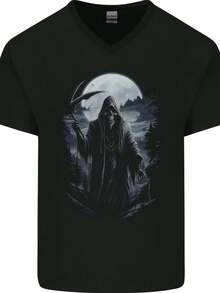 Grim Reaper IN Ghostly Landscape Skull Mens V Neck Cotton Maglietta- - 款式 - 查看 1