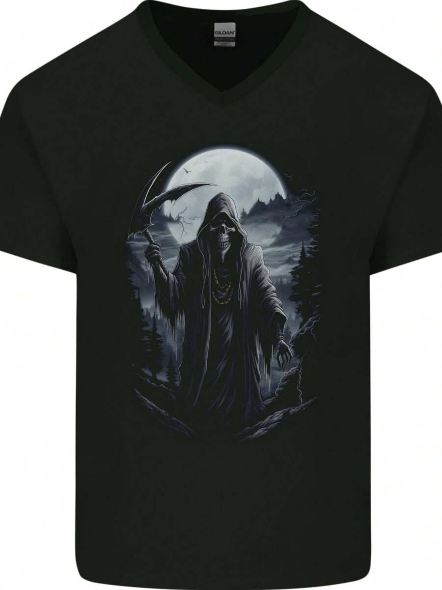 Grim Reaper IN Ghostly Landscape Skull Mens V Neck Cotton Maglietta- - 款式 - 查看 1