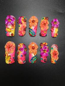 10 buah kuku tempel persegi buatan tangan ukuran 3,3 cm dengan hiasan kumbang, bunga, dan rhinestones, set stiker kuku, cocok untuk musim wisuda, liburan, dan pesta. Aksesoris kuku. Stiker kuku palsu dan perlengkapan manikur. - MultiWarna - View 2
