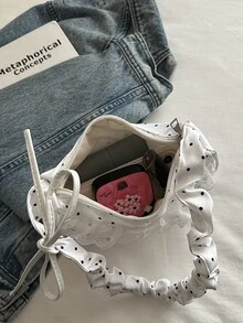 1pc White Nylon Fabric Smooth Zipper Drawstring Polka Dot Ruffle Decor Fashion Versatile Casual Style Solid Color Minimalist Design Spring Summer New Unique Shoulder Bag Suitable For Women's Daily Use - White - View 7