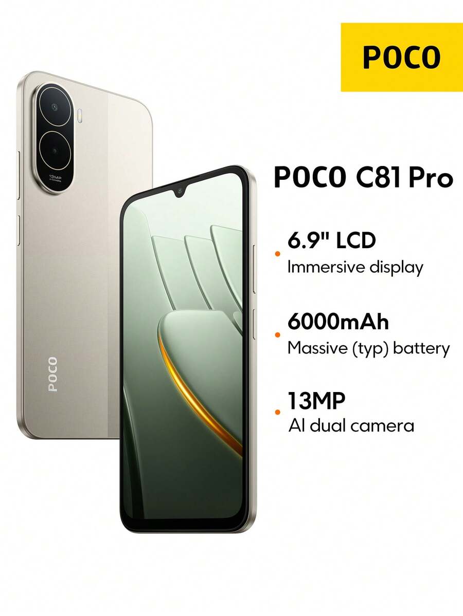 Xiaomi POCO C81 Pro 智慧型手機,Wet Touch Technology 2.0,Google Gemini,時尚極簡設計,6.9 吋沉浸式螢幕 120Hz 高更新率,強大八核心處理器,6000mAh (典型值) 大電池容量 - 金色 - 查看 1