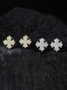 1對多款嘻哈風全鋯石盾牌耳釘，龐克幾何時尚銅鑲鋯石經典中性耳環，大號、中號、小號可選，適合日常配戴與派對 - 彩色 - 查看 13