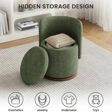 Dressing Chair With Storage Function, 360 ° Rotating Decorative Chair With Backrest, 22L Hidden Storage Dressing Chair, Circular Dressing Stool Without Wheels, Green - Green - View 3