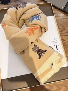 1pc Cat Pattern Scarf For Women, Winter Warm Versatile Shawl, Dual-Use Air-Conditioned Room Office Cape, Long Thick Neck Warmer - Camel - View 2