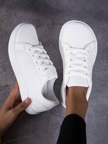 Women's Casual Sports Shoes With Artificial PU Leather And Fabric Patchwork, Solid Color, Suitable For Outdoor Sports, Commuting And Leisure, Lightweight - White - View 3