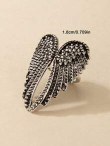 imoli 1pc/Fashion Punk Distressed Wing Shaped Carved Texture Alloy Feather Single Ring (Random Blackened Effect) - Silver - View 8