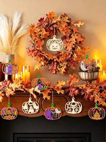 12/25/38 Halloween DIY Wooden Hanging Decor Set - Unfinished Decorations With Randomly Matched Colored Pens, Pom Poms, Gem Stickers And Jute Rope - Creative Painting Activity, Suitable For Halloween Parties, Pajama Parties, School Art Projects And Artistic Hanging Decor - Pumpkin - View 9