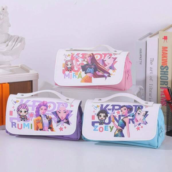 Mattel K-Pop Demon Hunter Girl Group Merchandise Pencil Case Student Stationery Pencil Box Storage Bag Large Capacity Anime Cartoon