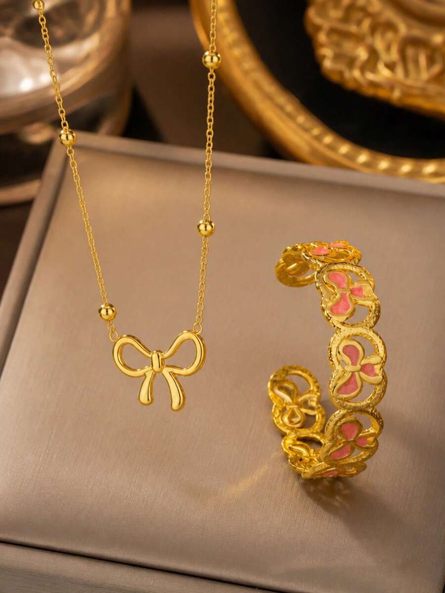 VceTd 1/2PCS Fashion Romantic Style Stainless Steel Women's Jewelry Set With Bow Decor, Suitable For Daily Wear, Festivals, Dates Or Gifts - Yellow Gold - View 1