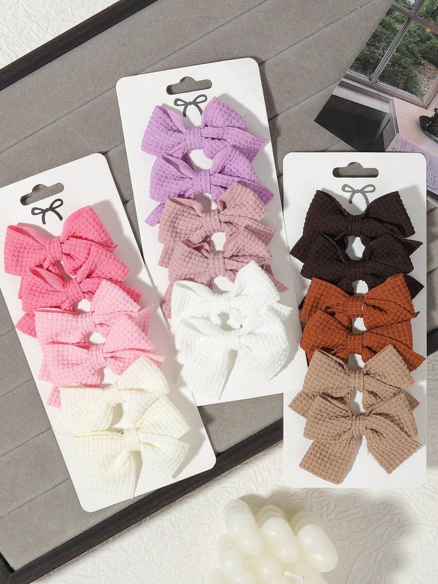 6pcs Macaron Multicolor Waffle Fabric Bow Hair Clips Set, Princess Daily Outfit Styling Hair Accessories