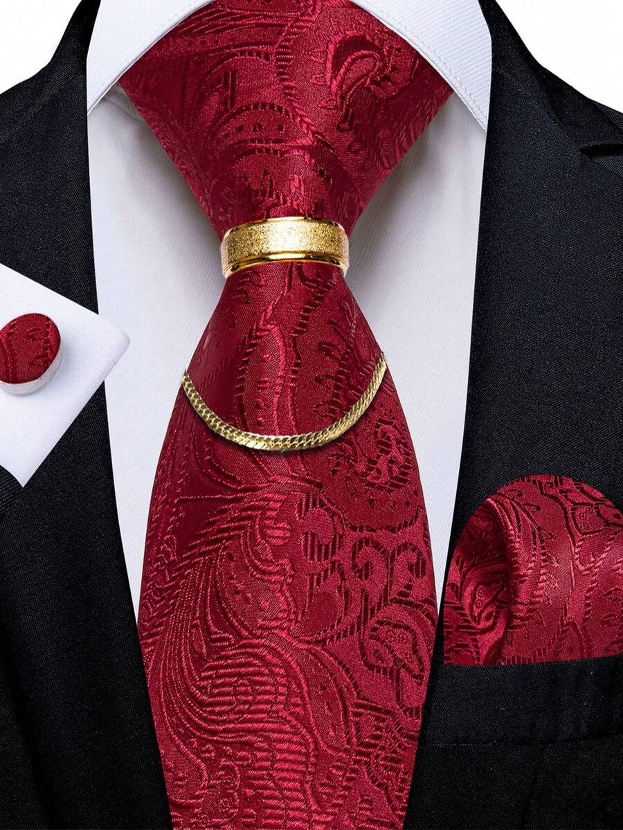 5Pcs Men Red Paisley Jacquard Tie Pocket Square Detachable Gold Chain Cufflinks Ring Set, Cufflinks Random Pattern, Wedding Formal Suit Accessor - Red - View 1