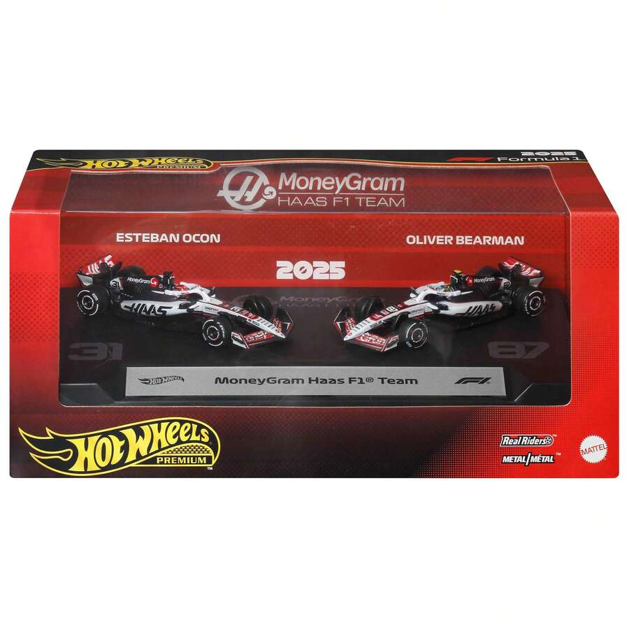 Hot Wheels Premium F1 Toy Cars, 2pcs 1:64 Scale Die-Cast Metal MoneyGram Haas F1 Team Esteban Ocon And Oliver Bearman Racing Cars With Real Riders Tires
