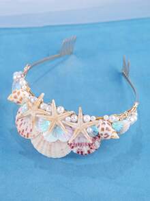 KOVLYNE 1pc Mermaid Shell & Starfish Crown Headpiece, Women's Pearl Beach Bridal Tiara, Suitable For Wedding, Festival, Cosplay & Photography - White - View 4