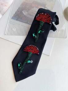 Black Handmade Beaded Floral Tie, Red & Green Rhinestone Flower Decor, Niche Aesthetic Shirt Skinny Tie - Red Double Flowers - View 5