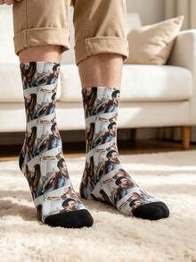 Custom Photo Printed Mid-Calf Socks, White Base With Black Toe Cap, Soft Elastic Knit Fabric, Personalized Photo Socks, Suitable For Family And Couples - Multicolor - View 3