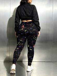 Women's Plus Size Black Leggings, Elastic Slim Fit Pants, Colorful Splatter Print, Butt Lifting & Tummy Control, Autumn/Winter Vacation Style - Multicolor - View 5