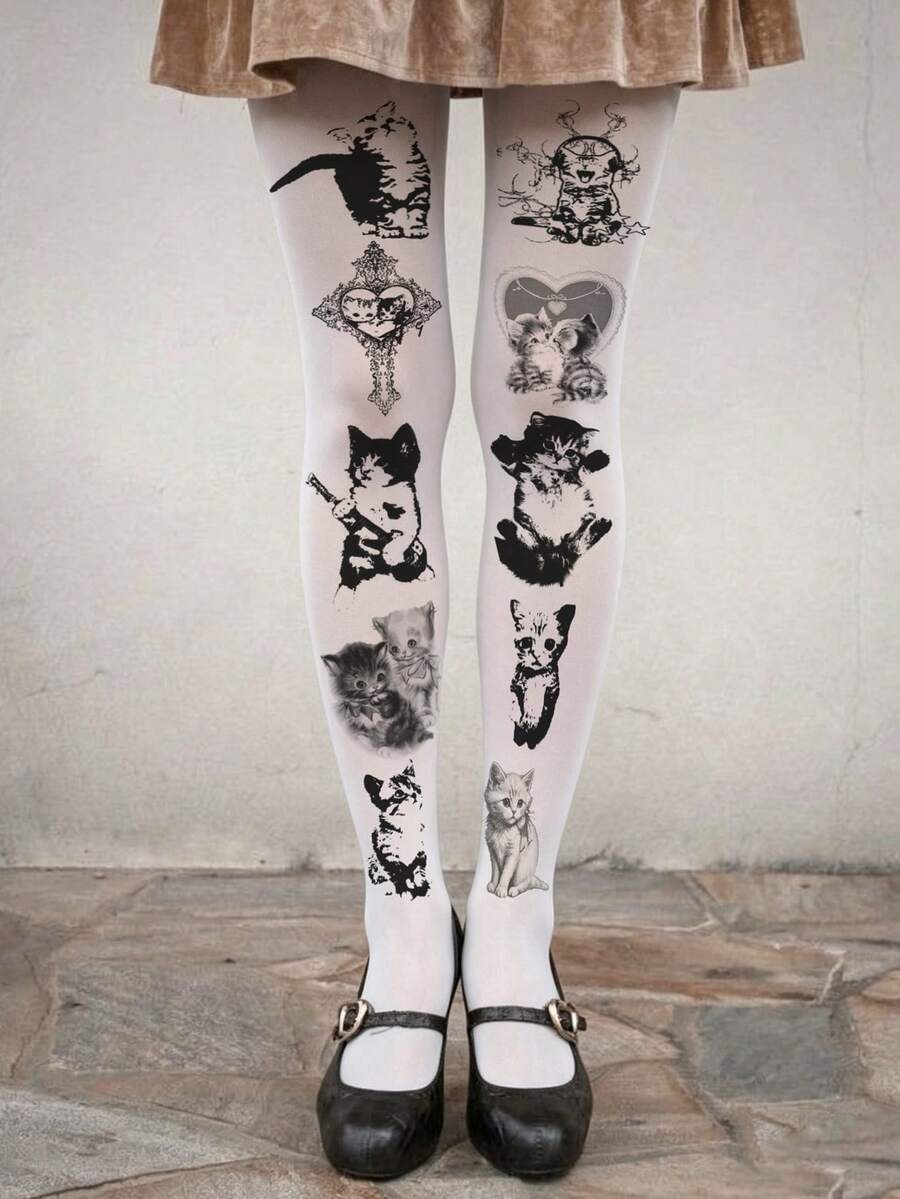 1 Pair Plus Size Cat Print High Elasticity Tights, Sexy Fashion Cute Y2K Style, Suitable For Daily Wear, Dating, Spring/Autumn Parties - Multicolor - View 1