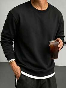 Men's Faux Two-Piece Long Sleeve T-Shirt, Layered Casual Top - Black - View 3
