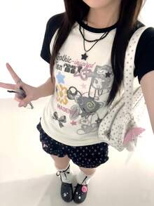 Y2K可愛天使女孩卡通印花落肩袖T恤，亞文化壞女孩風百搭女款休閒白色夏季上衣 - 白色 - 查看 1