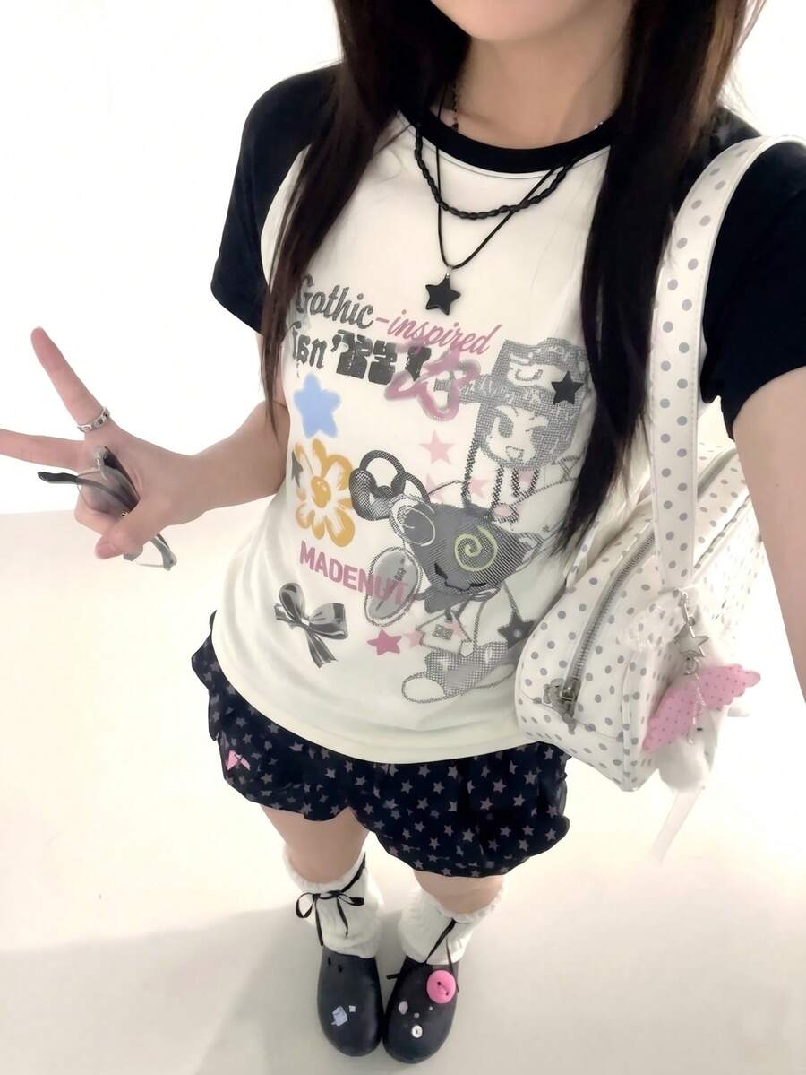 Y2K可愛天使女孩卡通印花落肩袖T恤,亞文化壞女孩風百搭女款休閒白色夏季上衣 - 白色 - 查看 1