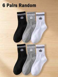 3/6/12 Pairs Kids Double Stripe Cuff AB Letter Print Soft Sweat-Absorbent Mid-Calf Socks, Campus Daily Street Style All-Season - Multicolor - View 13