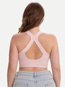 1pc Women's Plus Size Solid Color Front Zipper Sports Bra, Removable Padding Fitness Yoga Backless Tank Top - Baby Pink - View 4