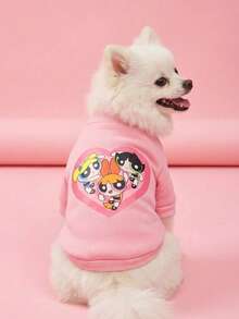THE POWERPUFF GIRLS X PETSIN 1件粉色愛心印花寵物服裝，3女孩足球設計，無帽，厚實保暖秋冬款，適合室內擁抱與戶外散步 - 粉色 - 查看 1