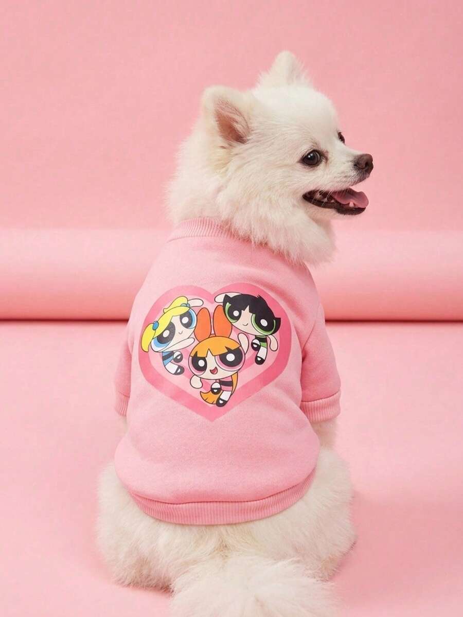 THE POWERPUFF GIRLS X PETSIN 1件粉色愛心印花寵物服裝,3女孩足球設計,無帽,厚實保暖秋冬款,適合室內擁抱與戶外散步 - 粉色 - 查看 1