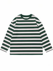 Atasan Wanita Retro Garis-garis Hijau & Putih Longgar Lengan Panjang Leher Bulat Bahu Jatuh - Putih - View 3