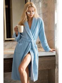 Bathrobe Soft Touch Contain Cotton Bathrobe For Women & Men - Made In Turkey, Lightweight, Absorbent, Comfortable Bath Robe - Cadet Blue - View 2