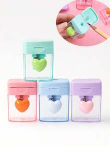 4pcs/Set Single Hole Rotating Handheld Pencil Sharpener, Macaron Color Cute Heart-Shaped Cartoon Design, Transparent With Lid, Portable Pocket Pencil Sharpener, Suitable For Children And Students. Ideal For Classroom Rewards, Student Gifts, Party Favors And Small Souvenirs. Fashionable Creative Stationery, Suitable For Daily School Use (Randomly Shipped) - Multicolor - View 1